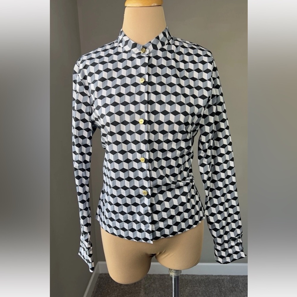 Vintage Carlies Court 3 Dimensional Geometric Print Button Up Blouse Top M